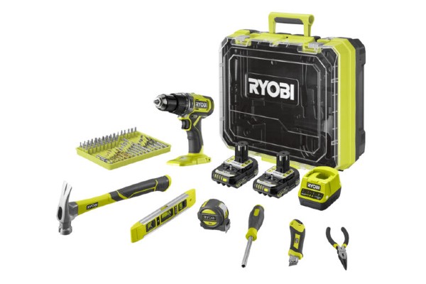Ryobi bietet eine DIY-Basisausrüstung als Komplett-Set in einer Kunststoff-Box an – ideal für den Einzug in der erste eigene Wohnung.