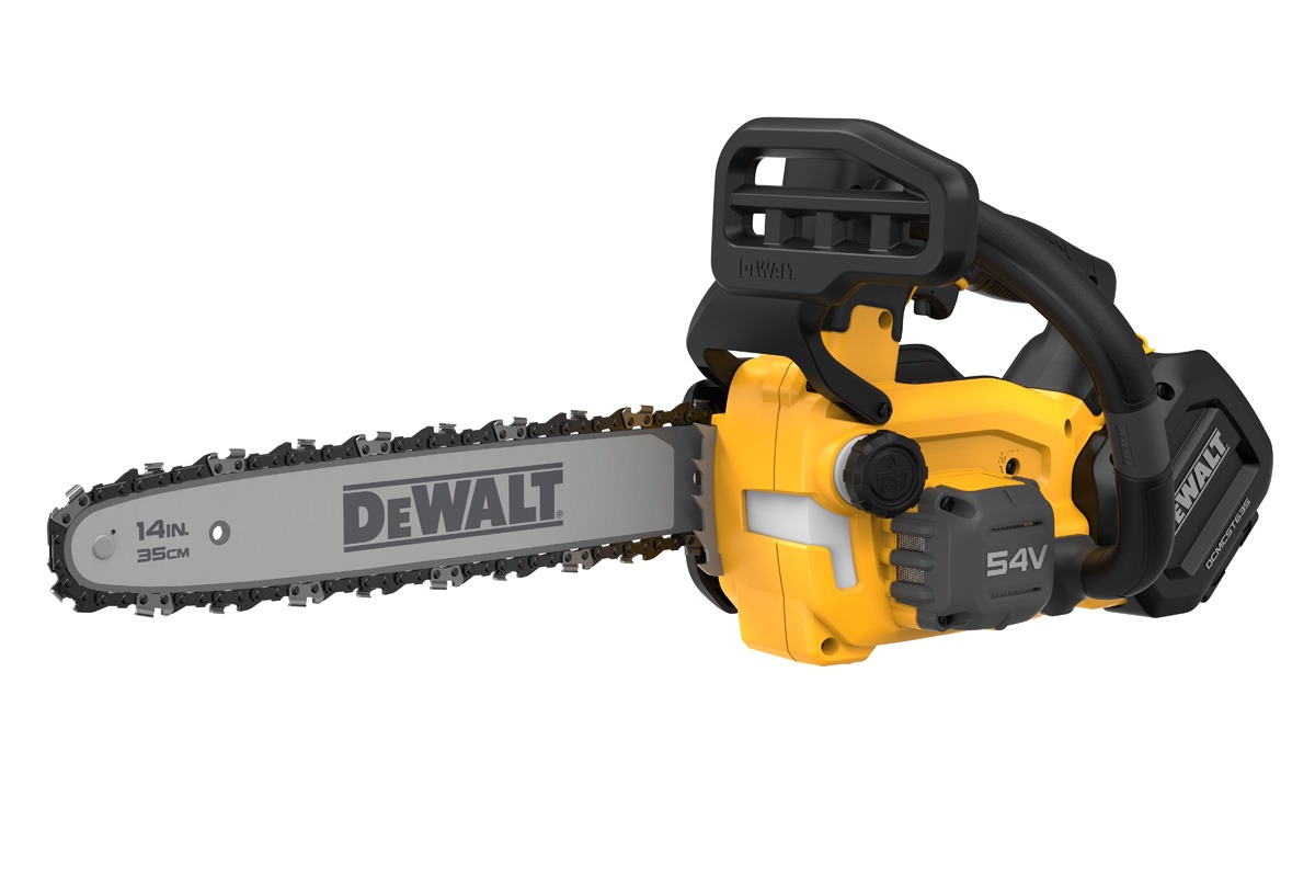 Die 54 Volt Top-Handle Akku-Kettensäge DCMCST635N-XJ von DEWALT: Starke Leistung und ergonomisches Design für professionelle Baumpflege und anspruchsvolle Schnittaufgaben.
